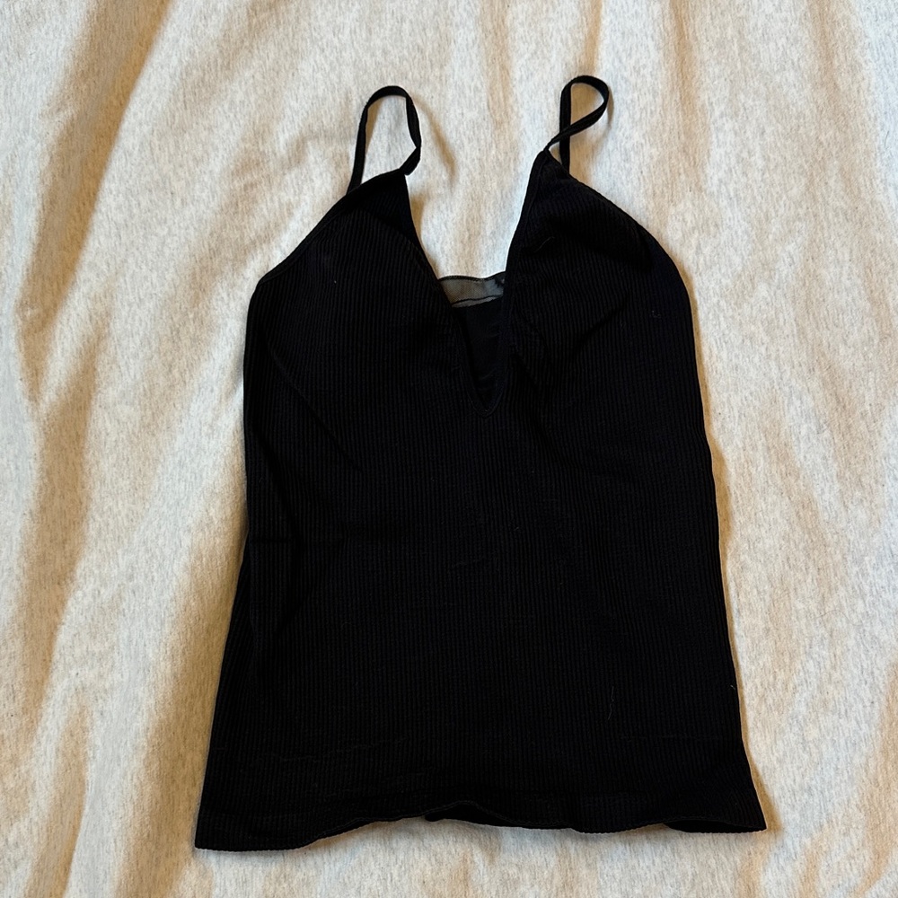 Free People Black Ribbed V-Plunge Spaghetti Strap Camisole